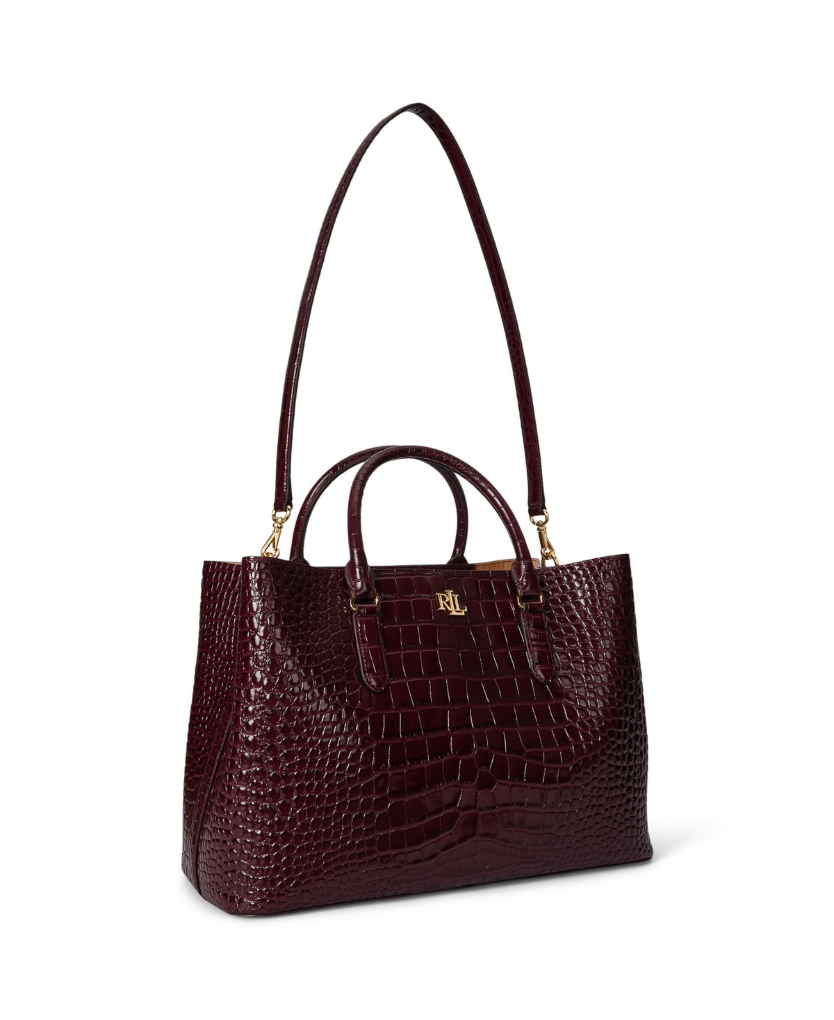 Ralph Lauren Marcy Large Embossed Leather Satchel Bag In Burgundy