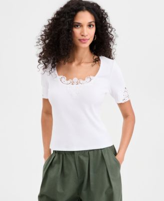 On 34th - Women's Knit Short-Sleeve Lace-Inset Top