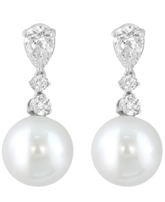 EFFY Collection - Freshwater Pearl (10mm) and Lab Grown Diamond Earrings (1-1/3 ct. t.w.) in 14K White Gold
