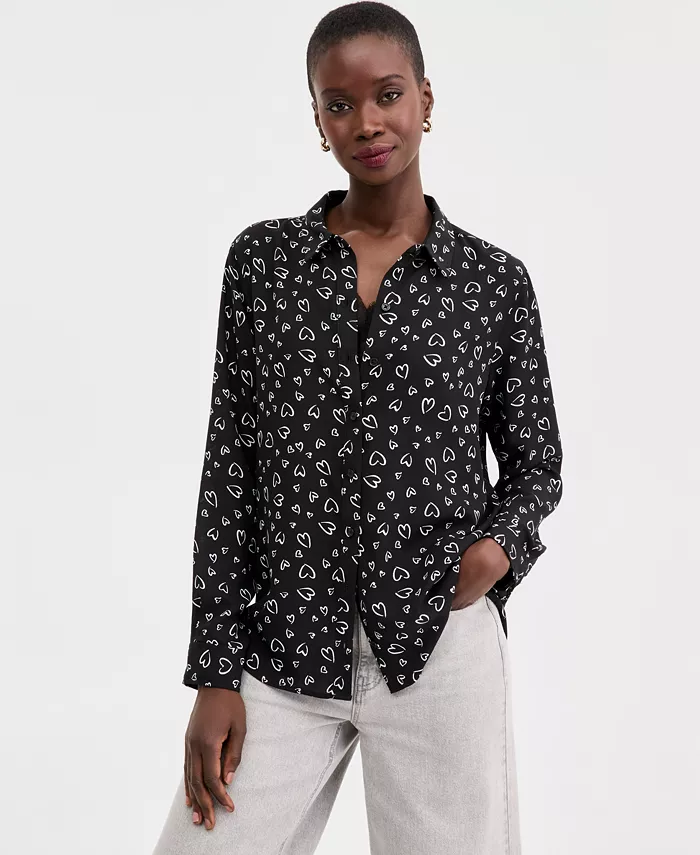 Women's Woven Open-Heart Button-Down Shirt