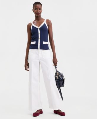 Women's Knit Solid Colored-Trim Button-Up Tank Top, Macy's Exclusive