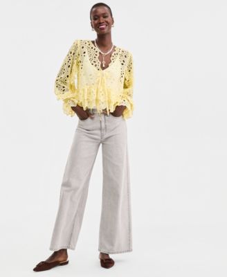 Women's Woven Long-Sleeve Cut-Work Blouse