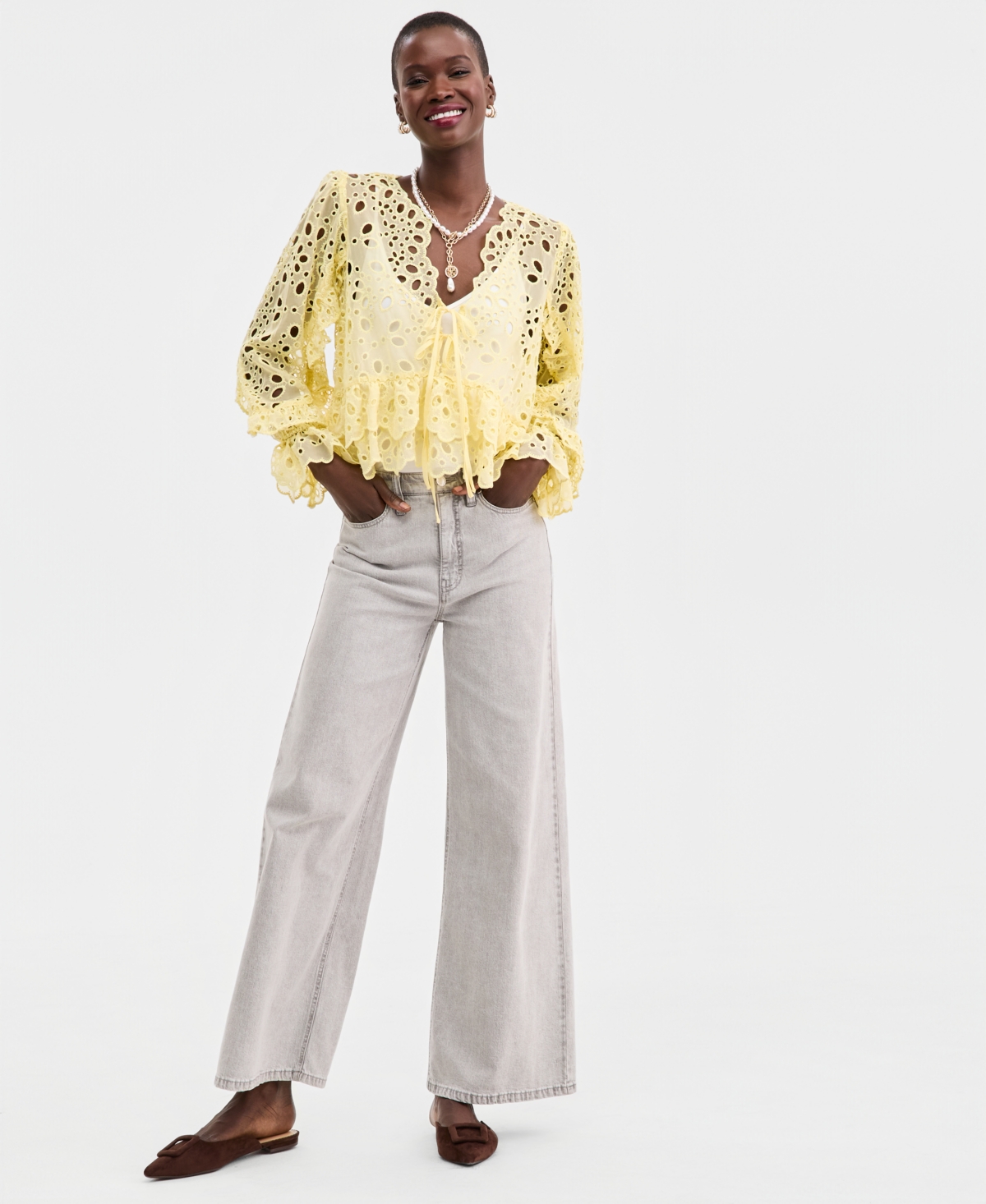 On 34th Women's Woven Long-Sleeve Cut-Work Blouse, Macy's Exclusive