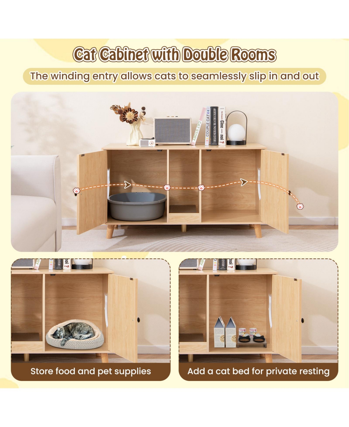 Gymax 43'' Cat Litter Box Enclosure for 2 Cats w/ Double Rooms Sisal Scratching Mats