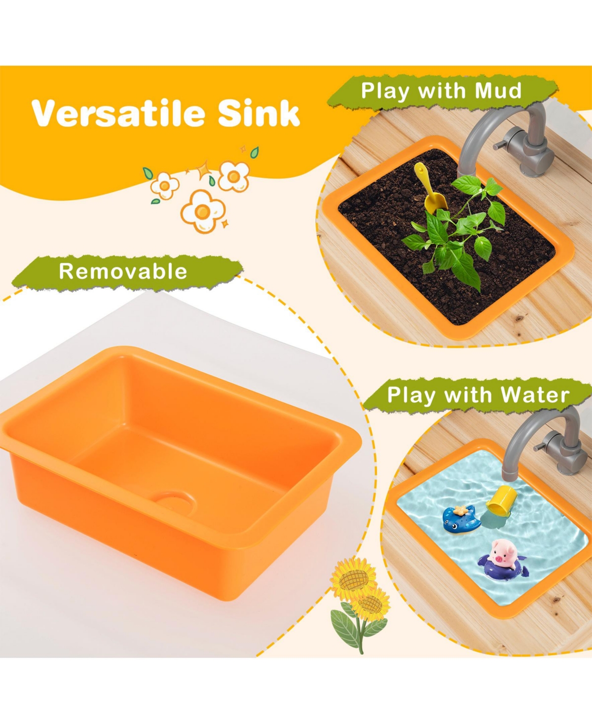 Sugift Kids Mud Kitchen Fir Wood Playset With Planting Pots And Blackboards-Natural.