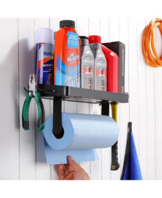 15"L × 5.5"W Garage Paper Towel Holder with Shelf - Wall Mount Paper Towel Holder with 4 Hooks, Single-Hand Tear Paper Towel Tissue Holder