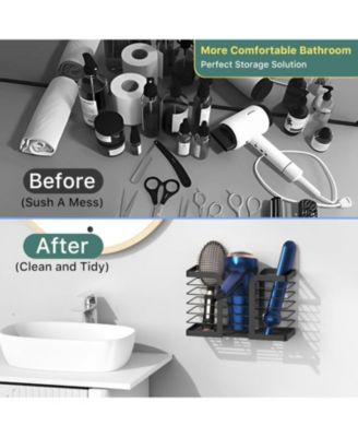 Hair Dryer Holder Hair Tool Organizer 3-in-1 Blow Dryer Holder Adjustable Height, Bathroom Organizer Wall Mounted/Cabinet Door for Flat/Curling Irons