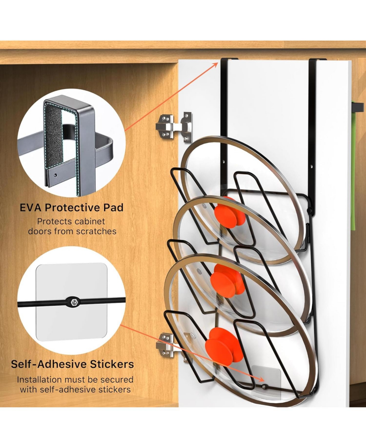 2 Pack Pot Lid Organizer for Cabinet, 6-Tier Pot Lid Holder Over Cabinet Door, Pot Lid Rack for Kitchen Cabinet Organizer, Inside the Cabinet Pots