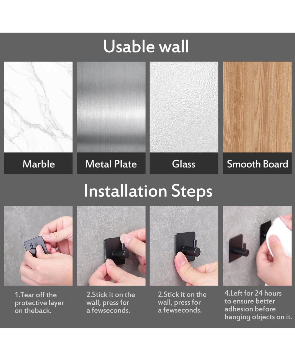 Adhesive Hooks/Towel Hook - Wall Hooks Stick on Heavy Duty for Hanging Towels/Coat/Hat/Bag in Bathroom, Bedroom, Sus-304 S.s. Matte Black 4 Packs