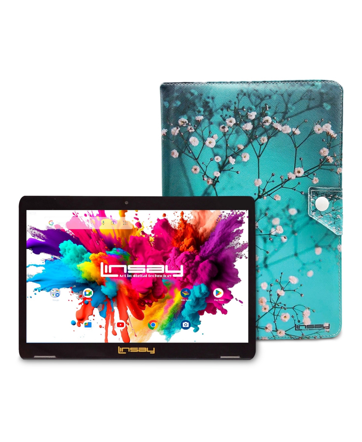 Linsay New 10.1" Tablet Octa Core 128GB Bundle with Spring Flowers Case Newest Android 14