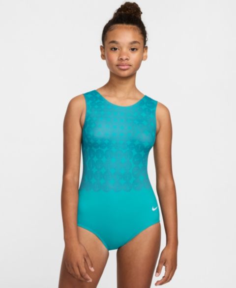 Детский гимнастический купальник Nike Gymnastics Swoosh с принтом для девочек 7-16 лет, цвет: Зелёный