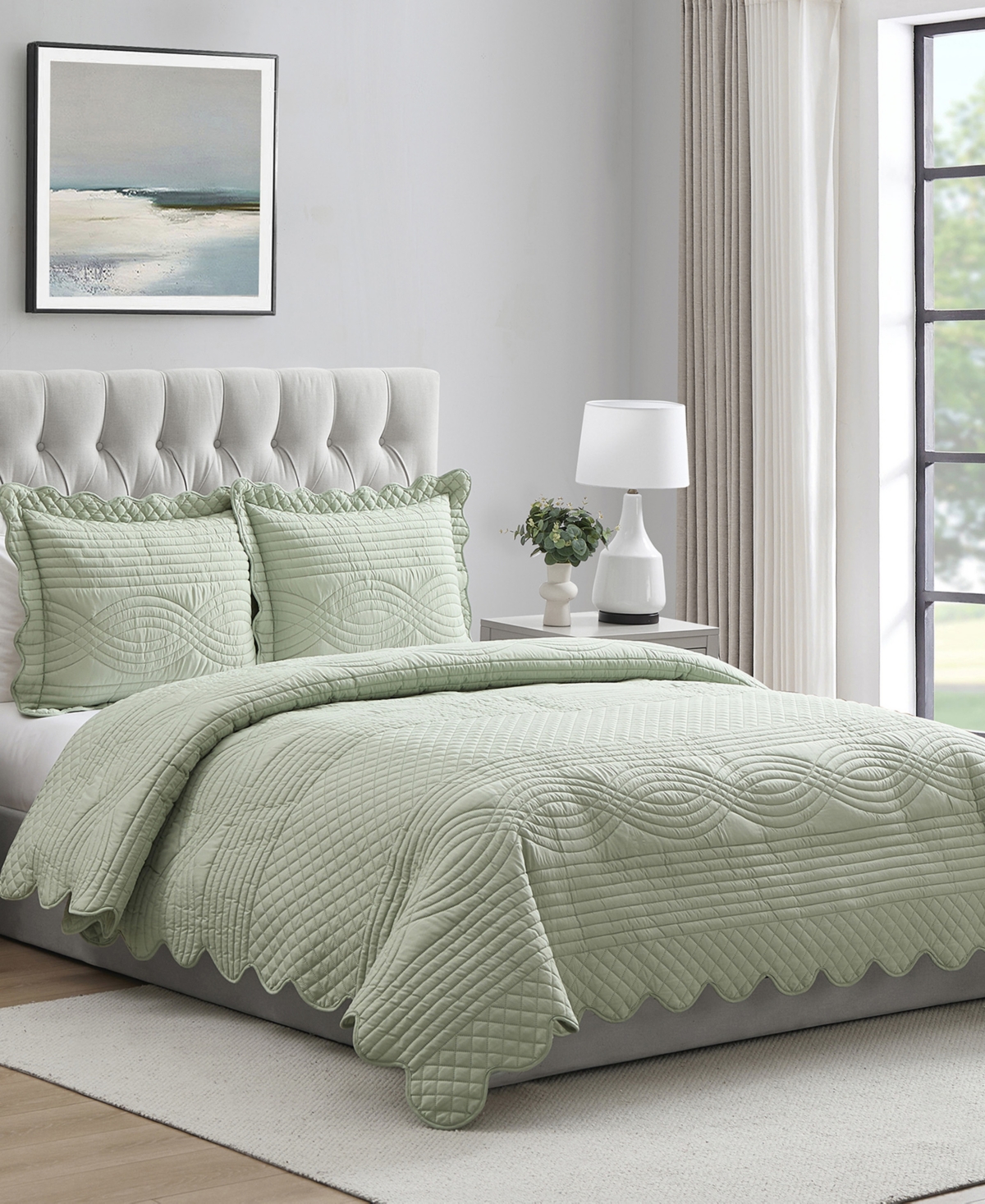 Vcny Home Scallop Microfiber 3-pc. Quilt Set, Full/queen In Green