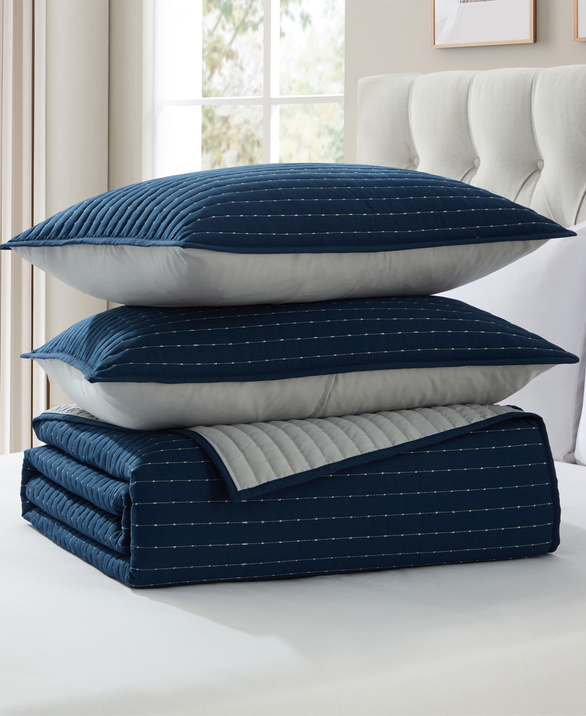 Vcny Home Embroidered Pick Stitch Microfiber 3-pc. Quilt Set, Full/queen In Blue
