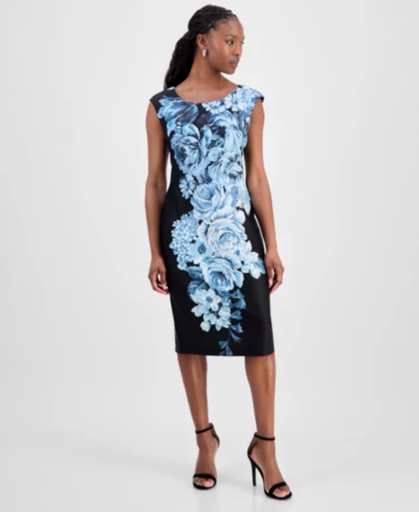 Petite Floral-Print Sheath Dress - Dusty Aqua