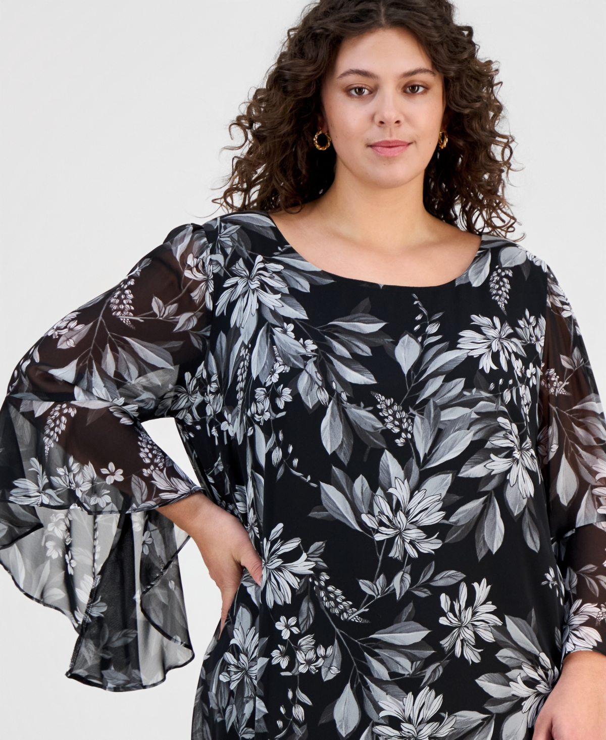 Connected Plus Printed Ruffled-Bell-Sleeve Chiffon Dress