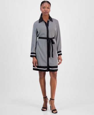 Petite Border-Print Belted Dress