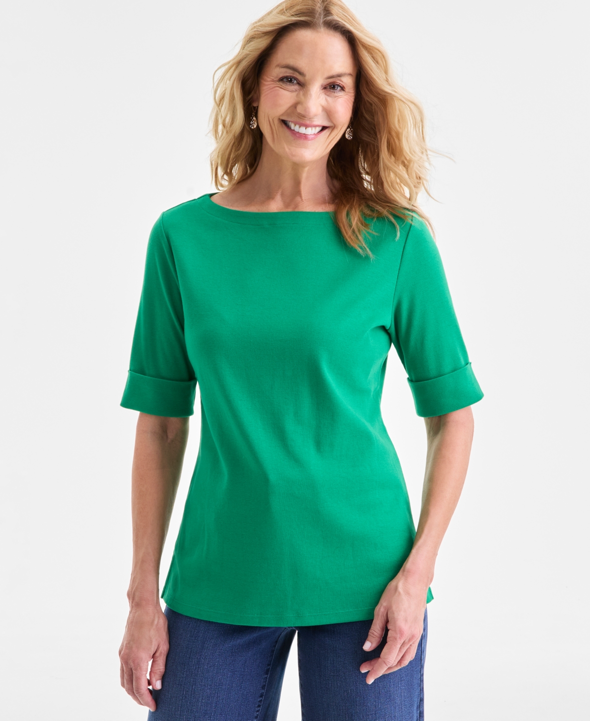 Style & Co Women's Boat-neck Elbow Sleeve Cotton Top, Exclusively At Macy's In Green