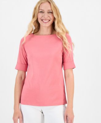 Women's Boat-Neck Elbow Sleeve Cotton Top