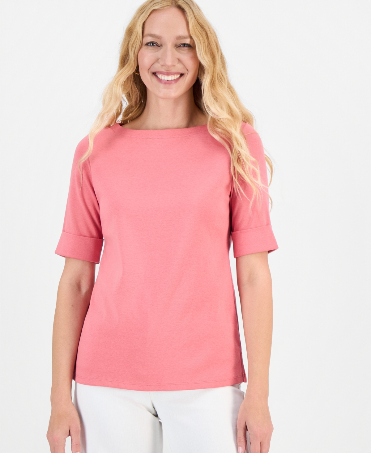 Style & Co Women's Boat-neck Elbow Sleeve Cotton Top, Exclusively At Macy's In Pink