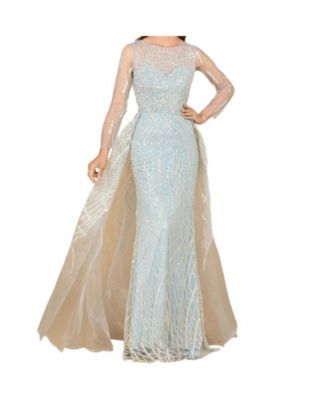 Women's Long Sleeve Lace Gown with Tulle Overskirt