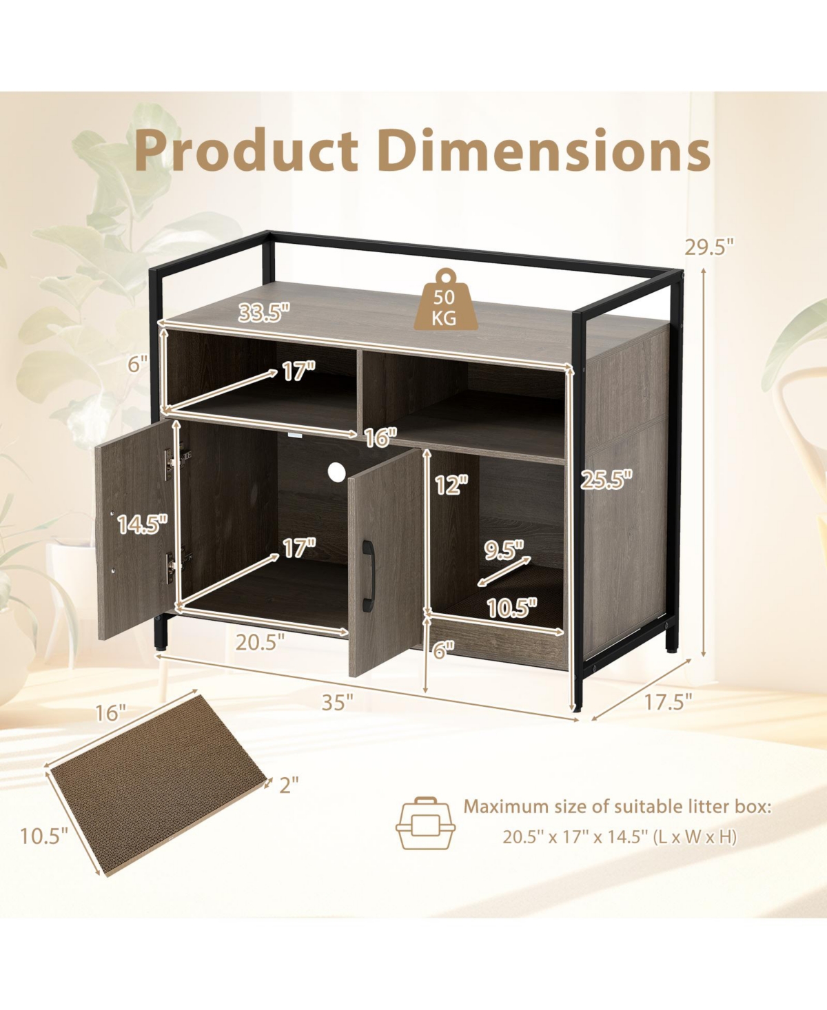 Gymax Cat Litter Box Enclosure w/ Storage Compartments Removable Scratching Board