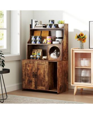 Large Wooden Cat Litter Box Enclosure w/ Storage Shelves Condo End Table