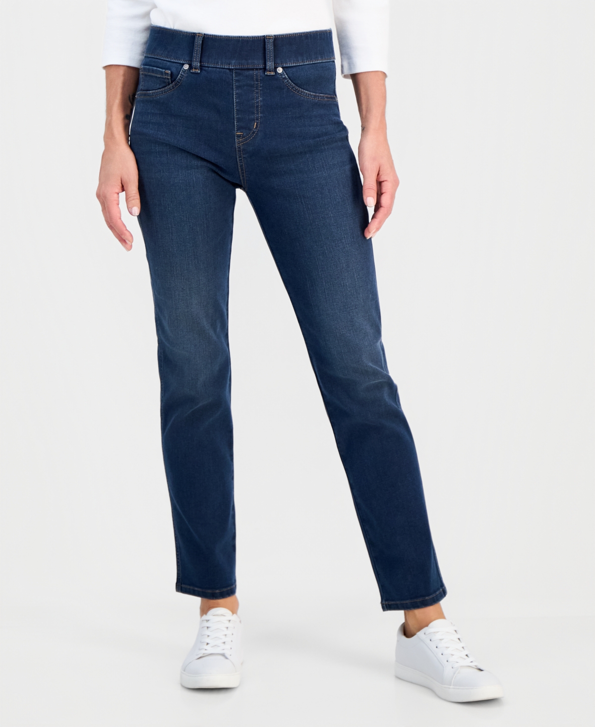 Style & Co Petite High-rise Pull-on Straight-leg Jeans, Macy's Exclusive In Blue