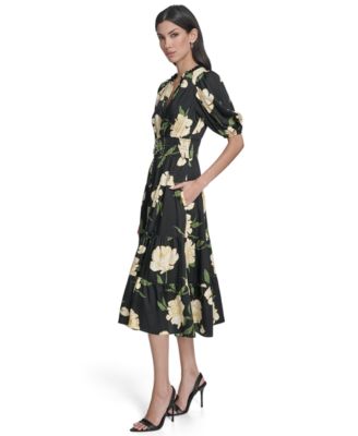 Women's Printed Puff-Sleeve Midi Dress
