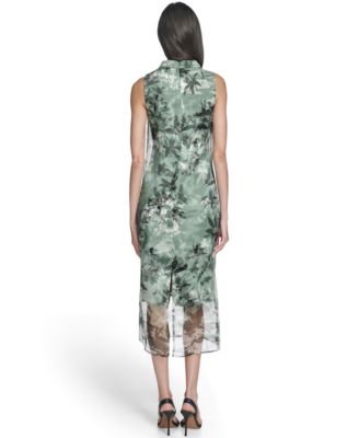 Women's Printed Organza Overlay Mock Neck Midi Dress