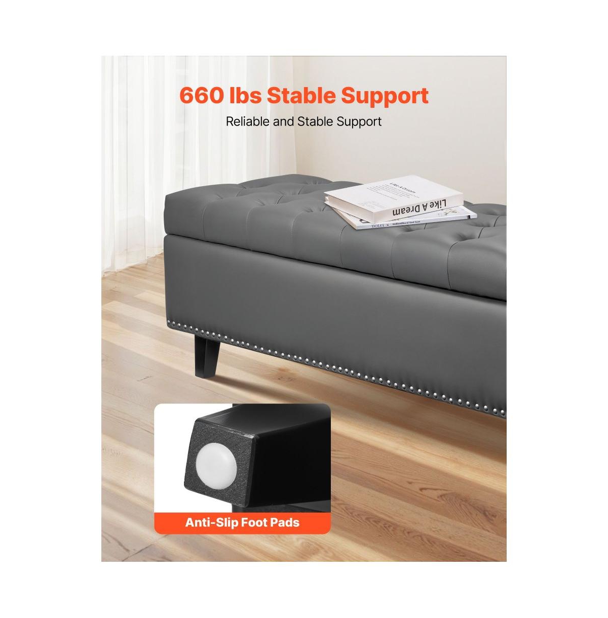 Pu Leather Storage Ottoman Bench Gray with Button-Tufted Design and Wooden Legs