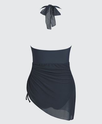 Women's U-Wire Neck Halter Drawstring Mesh One Piece Swim Dress