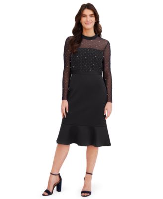 London Times - Women's Pearl Trim Mock Neck Midi Dress