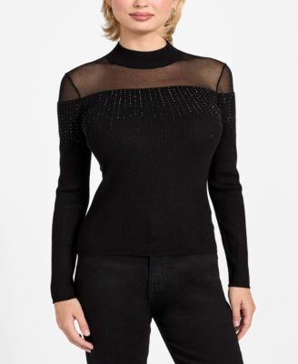 Women's Embellish Sheer Panel Mock Neck Sweater