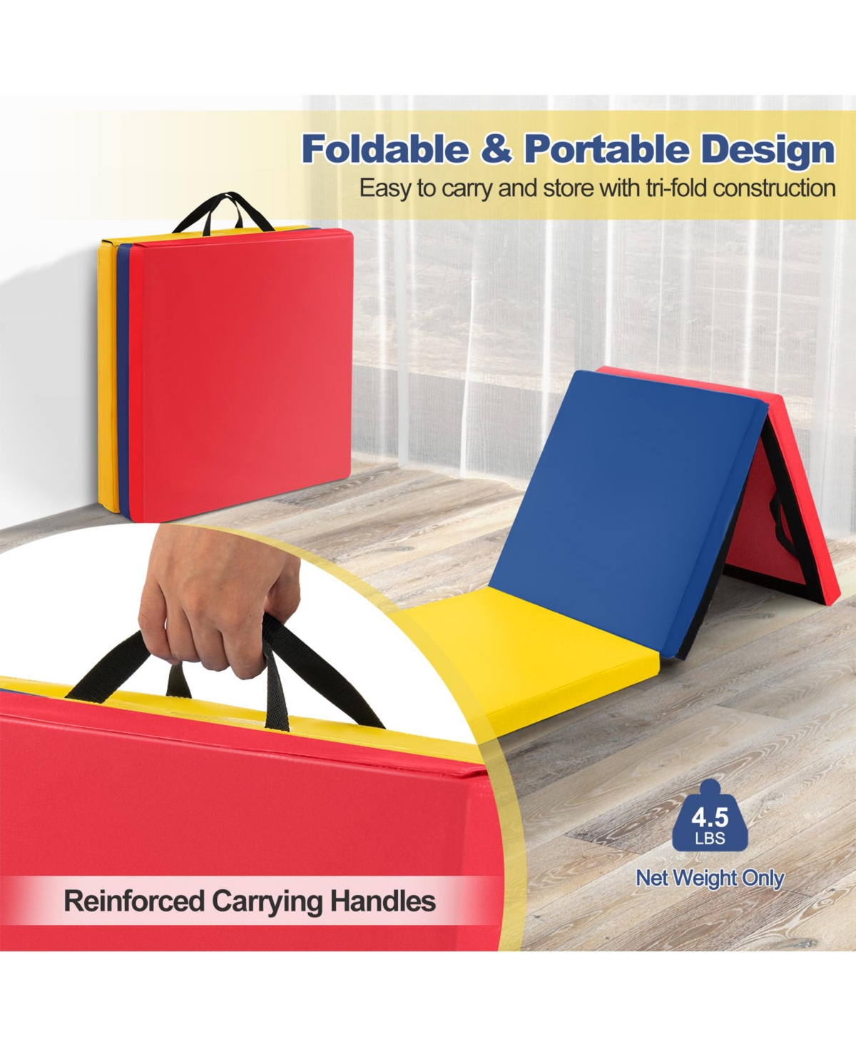Sugift 6 x 2 Ft Tri-Fold Gym Mat with Handles and Removable Zippered Cover-Multicolor