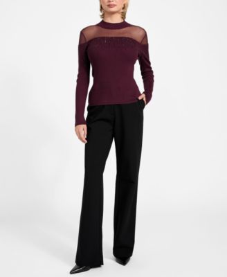 Women's Embellish Sheer Panel Mock Neck Sweater