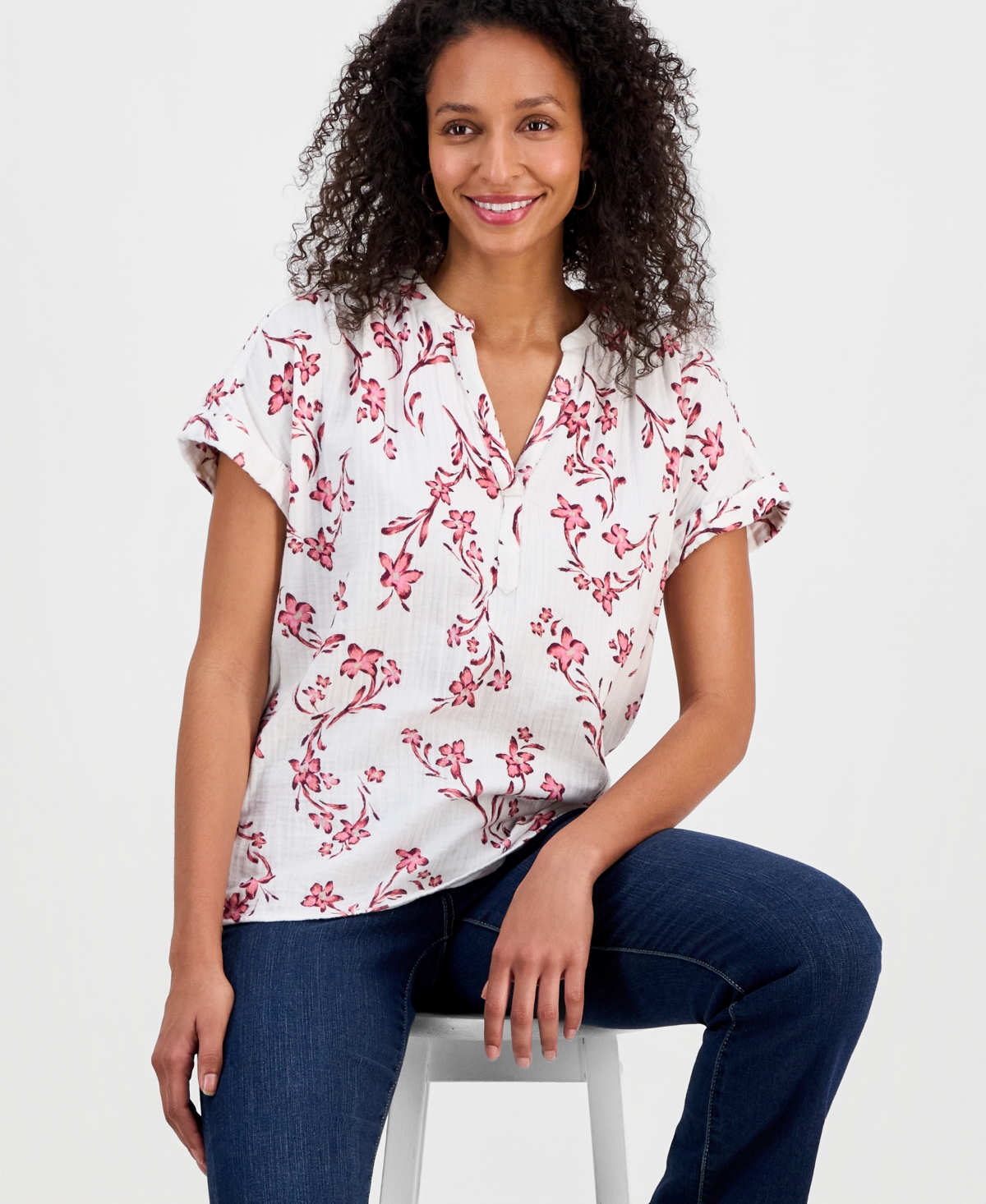 Style & Co Women's Printed Split-Neck Gauze Popover Top, Macy's Exclusive
