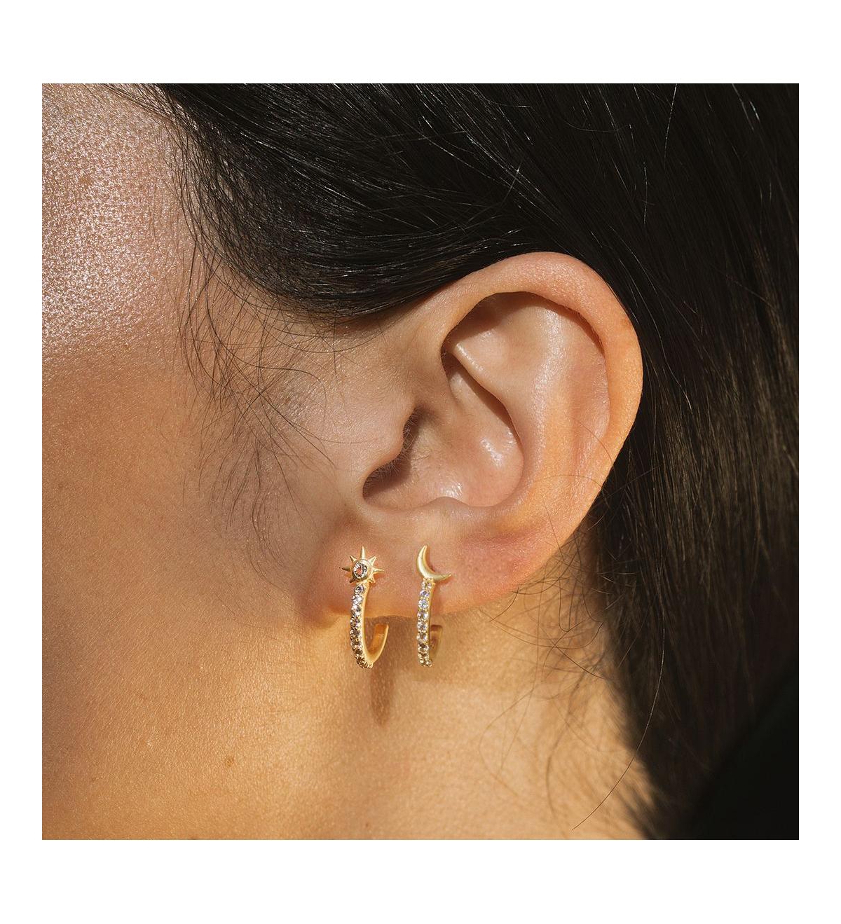 Scattered Stardust Celestial Moon and Star Pave Hoop Earrings