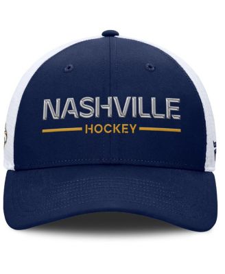Men's Navy/White Nashville Predators Authentic Pro Rink Lockup Adjustable Trucker Hat