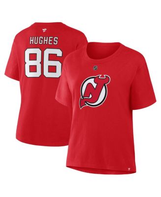 Fanatics - Women's Jack Hughes Red New Jersey Devils Authentic Stack Name Number T-Shirt