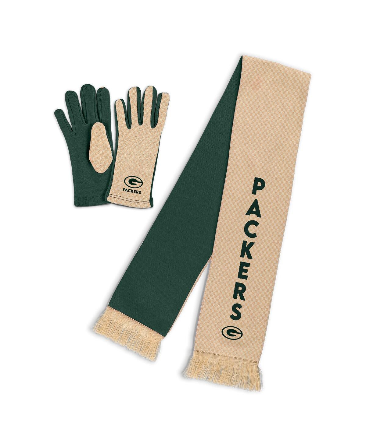 Wear By Erin Andrews Women's Green Bay Packers Tonal Microcheck Scarf Glove Set In Brown