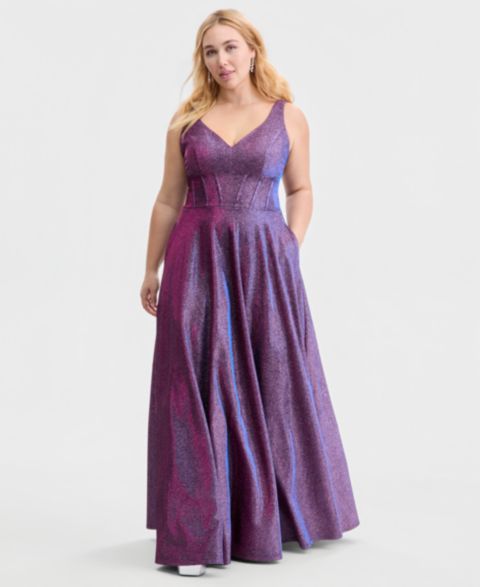 Женское платье City Studios Trendy Plus Size Glitter V-Neck Sleeveless Gown, цвет: Виноградный