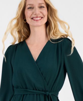 Women's Surplice-Neck Faux-Wrap Long-Sleeve Dress