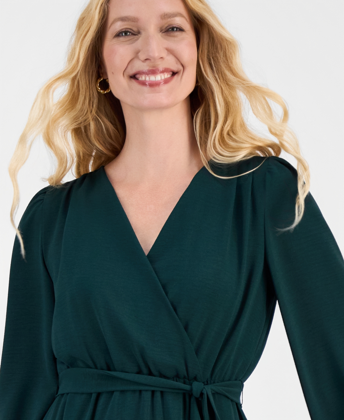 Connected Women's Surplice-Neck Faux-Wrap Long-Sleeve Dress