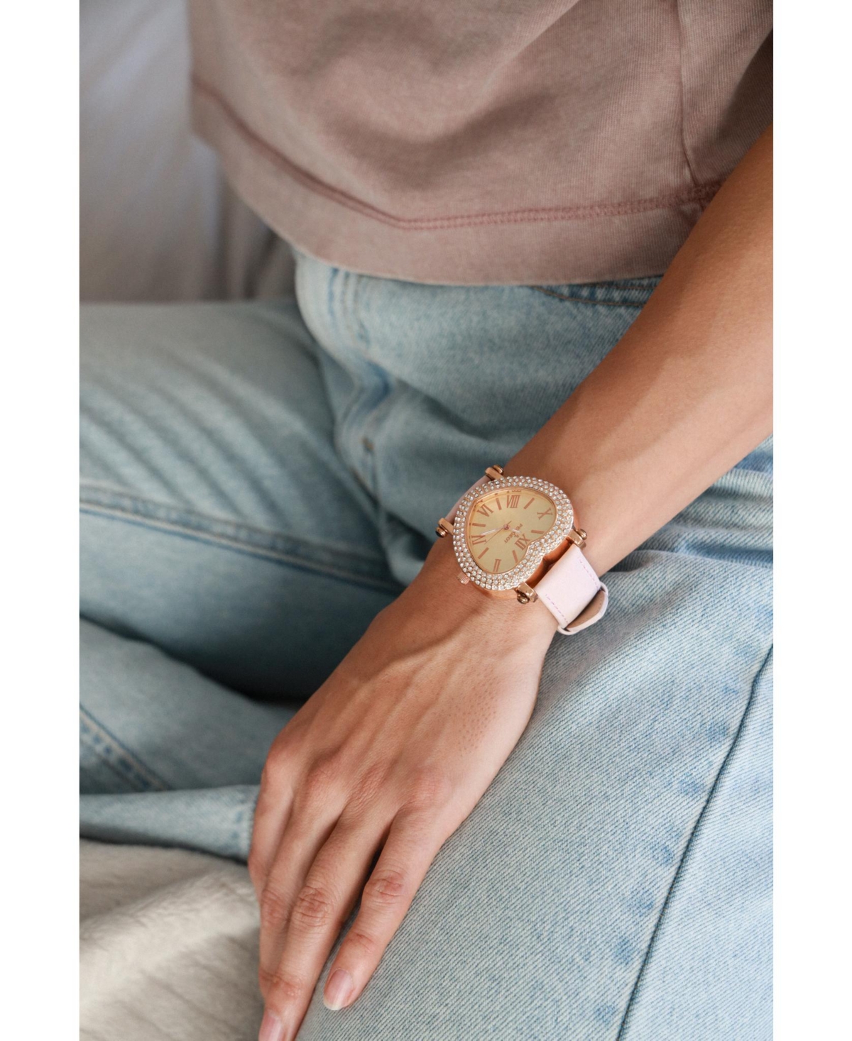 Peugeot Women's Heart Shaped Rose Gold Crystal Watch with Pink Suede Strap