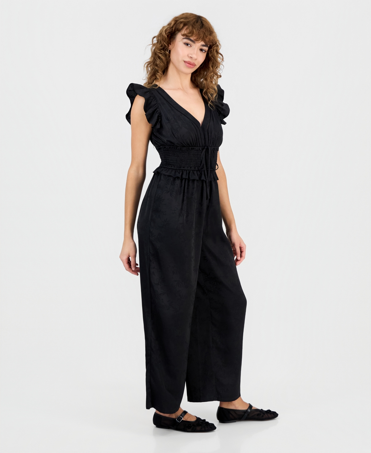 And Now This Petite Jacquard Smocked-waist Ruffle Jumpsuit, Macy's Exclusive In Black