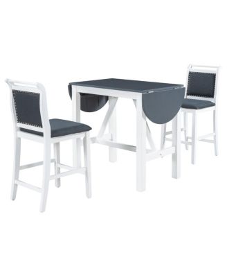 3-Piece Drop Leaf Counter Height Dining Set for Small Spaces, White and Navy Kitchen Table with 2 Upholstered Bar Chairs