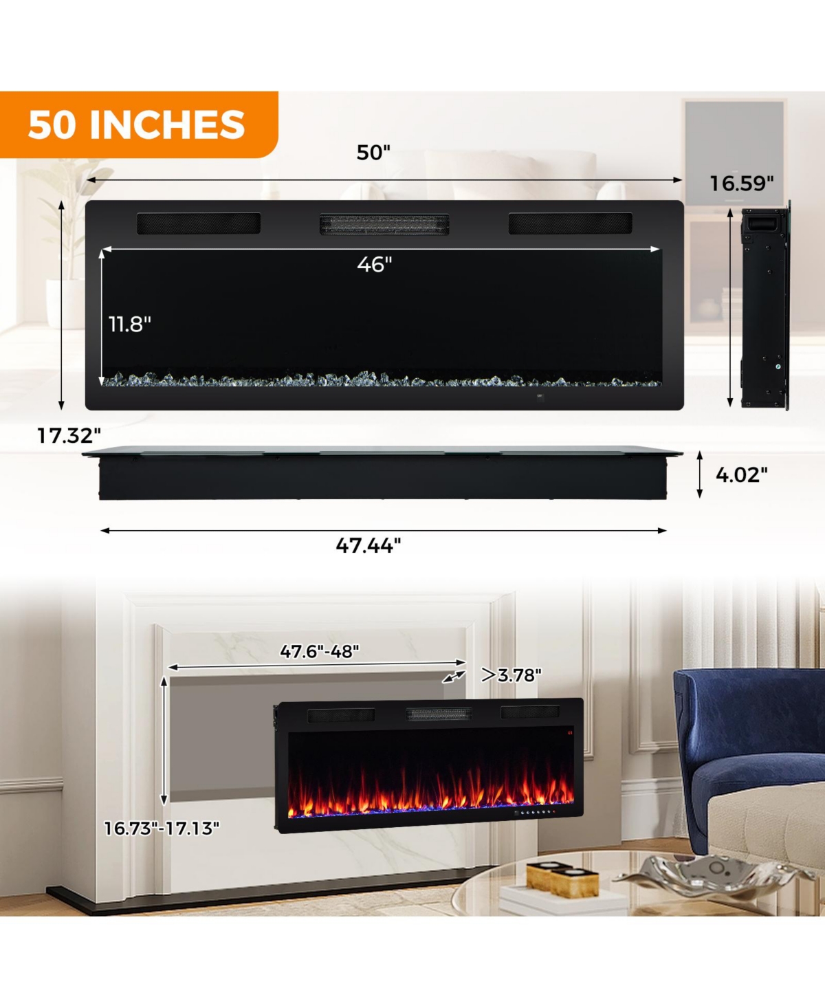 Sugift Electric Fireplace 50 Inches Recessed and Wall Mounted for 2' x 6' Stud