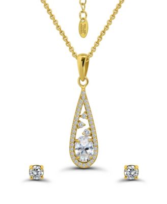 Cubic Zirconia Teardrop Pave Halo Pendant Necklace and Earrings Set
