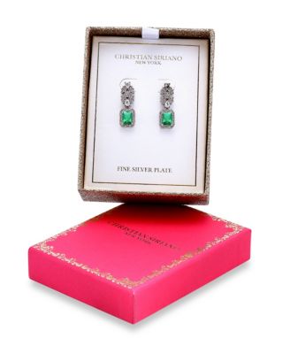 Christian Siriano New York Fine Silver Plated Cubic Zirconia Floral Motif Post Drop Earrings - Green