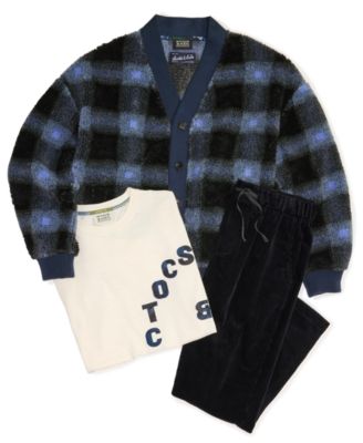 Men's 3-Piece V-Neck Cardigan Sweater with Loose-Fit Applique T-Shirt paired with Loose Tapered Corduroy Joggers